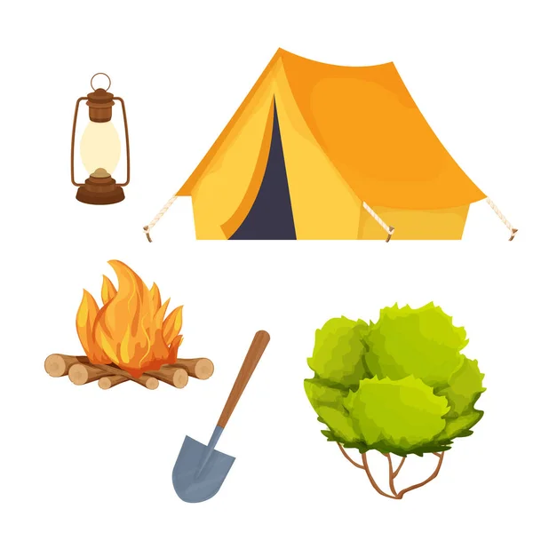 Set campingausrüstung lagerfeuer, zelt, laterne, schaufel und busch im cartoon-stil isoliert auf weißem hintergrund. Aktivitäten im Wald, Urlaub — Stockvektor