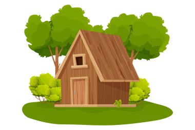 Forest hut, wooden house or cottage decorated with trees, grass and bush in cartoon style isolated on white background. Cabin, country building with roof, window and door.  clipart