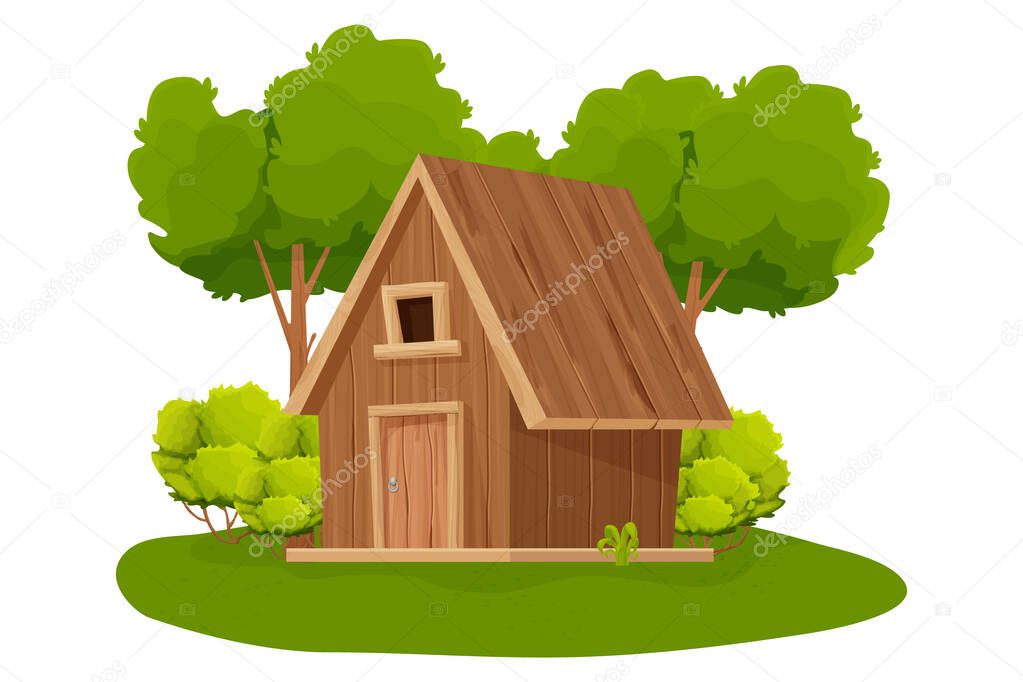 Forest hut, wooden house or cottage decorated with trees, grass and bush in cartoon style isolated on white background. Cabin, country building with roof, window and door. 