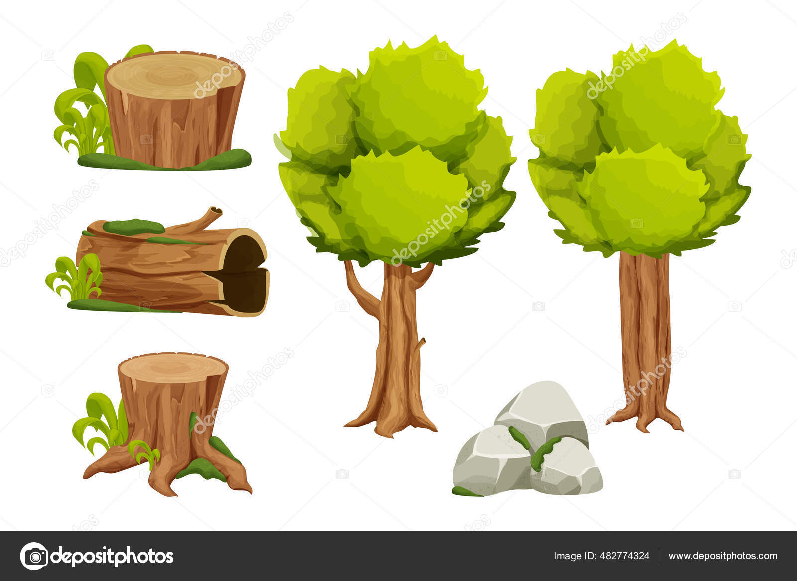 Лесные Природные Элементы Пейзаж Набор С Деревом, Пень, Старый.