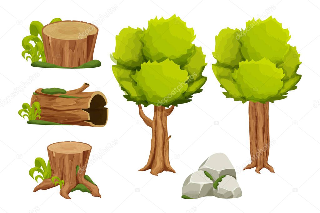 Forest nature elements landscape set with tree, stump, old trunk, bush, stone pile and moss in cartoon style isolated on white background. Ui assets, for computers game interface vector Illustrations