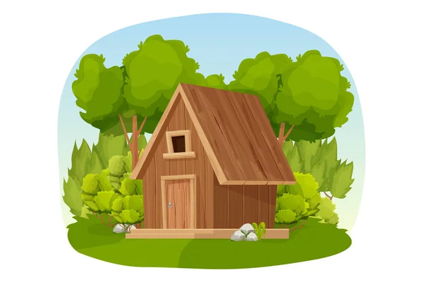 白い背景に隔離された漫画のスタイルで木、草や茂みで飾られた森の小屋、木造の家やコテージ。キャビン、屋根、窓とドアを持つ国の建物. — ストックベクタ
