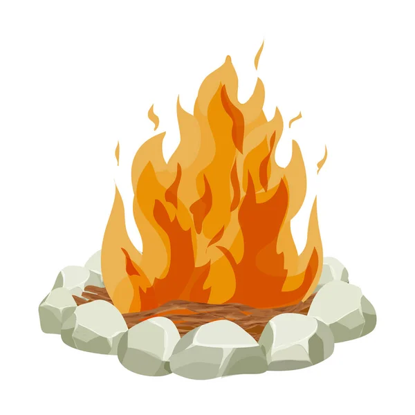 Lareira, fogo com paus de árvore de madeira, galhos e pedras em estilo cartoon isolado no fundo branco. Atividade ao ar livre, fogueira. —  Vetores de Stock