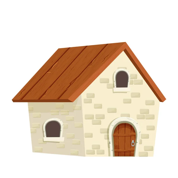 Pohádkový dům z kamene, dřevěná střecha, obloukové dveře v karikaturním stylu izolované na bílém pozadí. Retro, venkovská budova, věž s dřevěnou vrtulí. Clipart, konstrukční prvek. — Stockový vektor