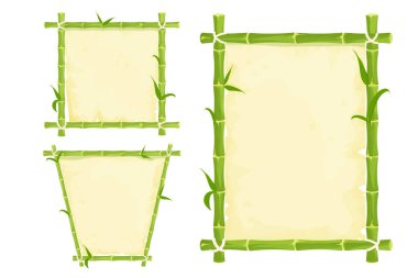 Yapraklı ve eski parşömenli yeşil bambu çerçeveler, beyaz arka planda izole edilmiş çizgi film tarzında ip. Asya, tropikal dekorasyon, sınır. 