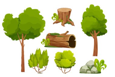 Ağaç, kütük, eski gövde, çalı, taş yığını ve beyaz arka planda izole edilmiş karikatür tarzında yosun içeren orman doğa unsurları. Bilgisayar oyunu arayüzü çizimleri için Ui varlıkları