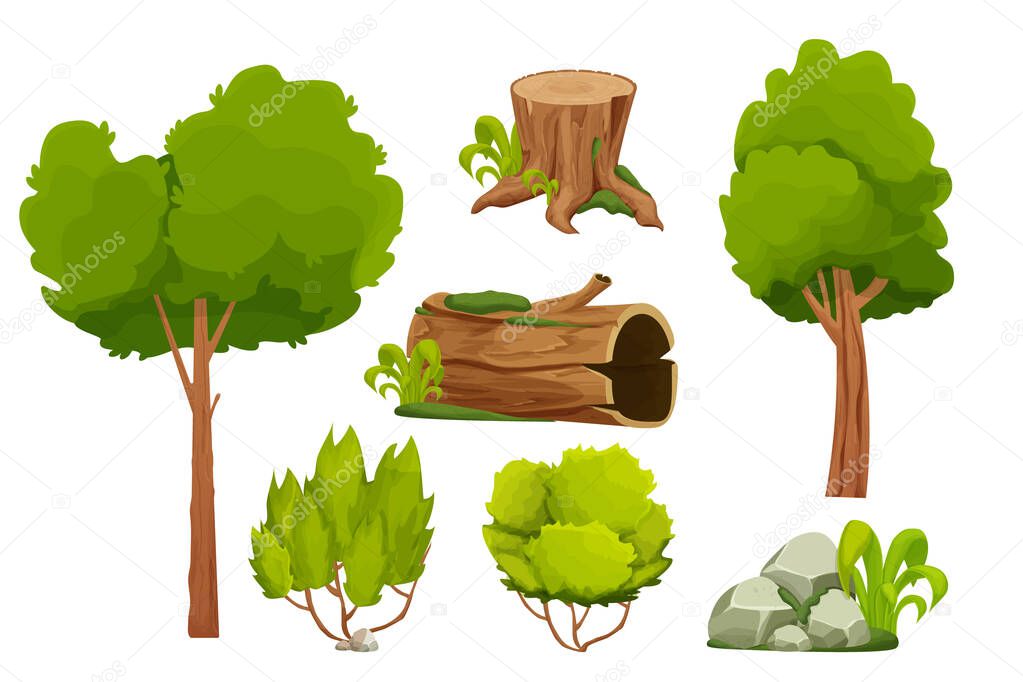 Forest nature elements landscape set with tree, stump, old trunk, bush, stone pile and moss in cartoon style isolated on white background. Ui assets, for computers game interface vector Illustrations