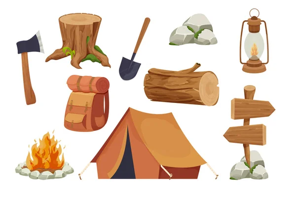 Set campingausrüstung lagerfeuer, zelt, laterne, schaufel und axt, reiserucksack holzscheit und stumpf im cartoon-stil isoliert auf weißem hintergrund. Aktivitäten im Wald, Urlaub — Stockvektor