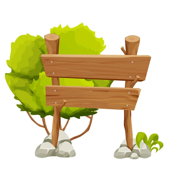 Puntero de madera, letrero con roca, pila de piedra, musgo, hierba y arbusto en estilo de dibujos animados aislados sobre fondo blanco. Ui asset, elemento de diseño. Rama de árbol viejo texturizado con tablón. — Vector de stock