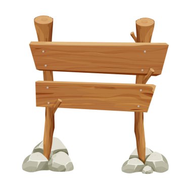 Tahta işaretçi, kaya, taş yığını ve beyaz arka planda izole edilmiş çizgi film tarzında yosun olan tabela. Ui varlığı, tasarım elemanı. Keresteli eski ağaç dalı.