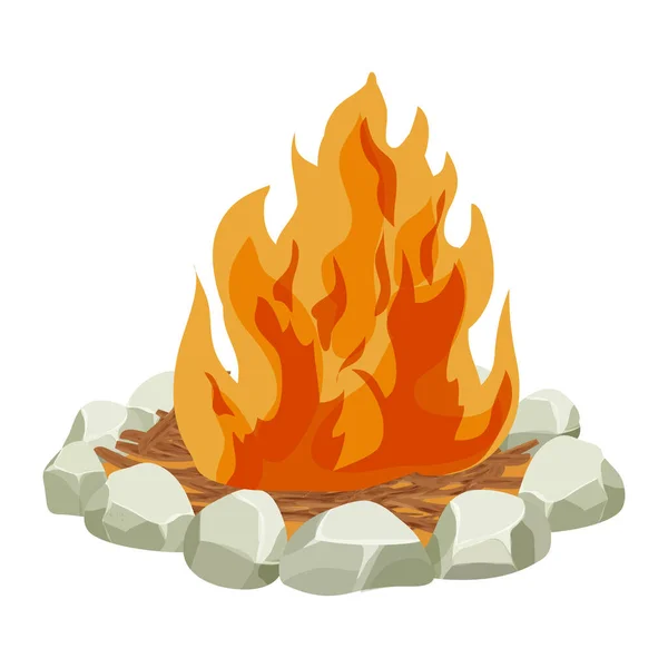 Chimenea, fuego con palos de madera, ramitas y piedras en estilo de dibujos animados aislados sobre fondo blanco. Actividad al aire libre, hoguera. — Vector de stock