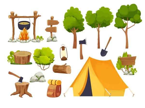 야영 장비인 캠프파이어, 텐트, 랜턴, 삽 과 도끼, 백 단목 과 그루터기, 숲 속 의나무들을 흰 배경에 따로 놓고 여행 한다. 숲의 활동, 휴가 — 스톡 벡터