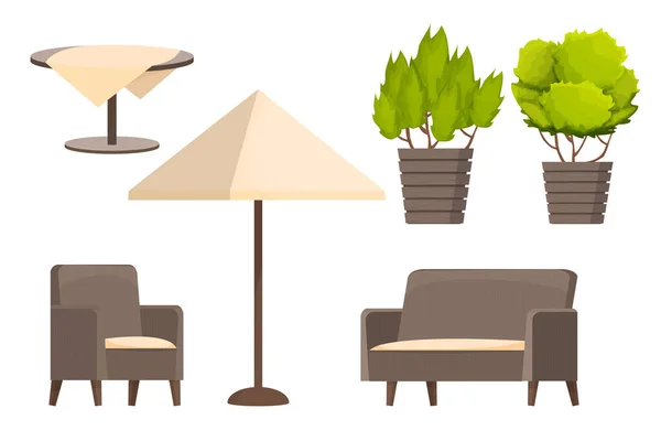 Ensemble de mobilier d'arrière-cour, fauteuil confortable, canapé, parasol, table avec nappe et plantes dans le style dessin animé isolé sur fond blanc. Collection luxe, loisirs patio — Image vectorielle