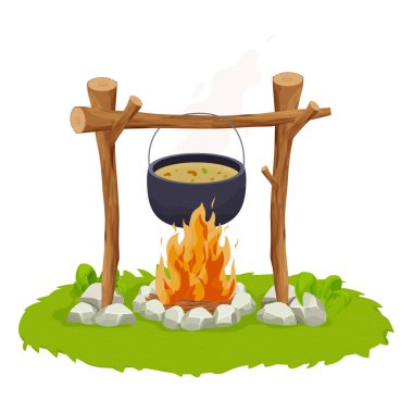 Beyaz arka planda izole edilmiş karikatür tarzında bir kamp ateşinin üzerinde siyah bir kamp yeri. Tahta sopalar, taşlarla ateş, çimlerle süslenmiş. Piknik yemekleri, seyahat hazırlıkları.