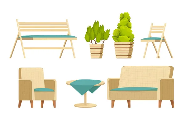 Ensemble de mobilier d'arrière-cour, fauteuil confortable, canapé, banc en bois, table avec nappe et plantes dans le style dessin animé isolé sur fond blanc. Collection luxe, loisirs patio — Image vectorielle