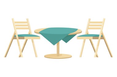Masa örtülü tahta yuvarlak masa ve beyaz arka planda izole edilmiş çizgi film tarzında iki sandalye. Arka bahçe, dış mobilyalar, dekorasyon..