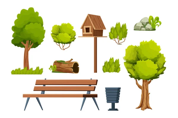 公园配套元素，木制长椅，树木，灌木，青苔石材，旧原木，鸟舍，卡通风格的垃圾桶，白色背景隔离. — 图库矢量图片