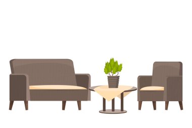 Ahşap yuvarlak masa, masa örtüsü ve beyaz arka planda izole edilmiş çizgi film tarzı kanepe. Arka bahçe, dış mobilyalar, dekorasyon..