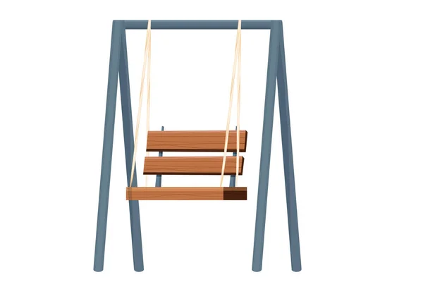 Trä swing bakgård möbler, hängande bänk i tecknad stil isolerad på vit bakgrund. Bekvämt säte på landsbygden. Trädgård, park dekoration. — Stock vektor