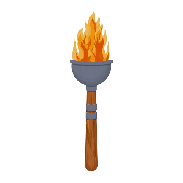 Bâton de torche médiévale en bois et fer à repasser avec flamme en style dessin animé isolé sur fond blanc. Lampe antique, symbole du vainqueur. ui actif du jeu. — Image vectorielle