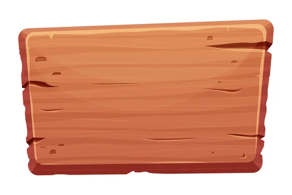 Signo de madera, pancarta, tablón vacío de madera en estilo de dibujos animados aislado sobre fondo blanco. Activos del juego, elemento ui. Material texturizado, marco para masaje, decoración. — Vector de stock
