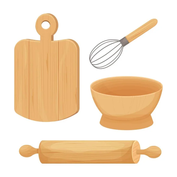 Cozinha de cozinha utensílios de madeira. Tigela, mesa, rolo em estilo cartoon isolado no fundo branco. Ilustração vetorial. — Vetor de Stock