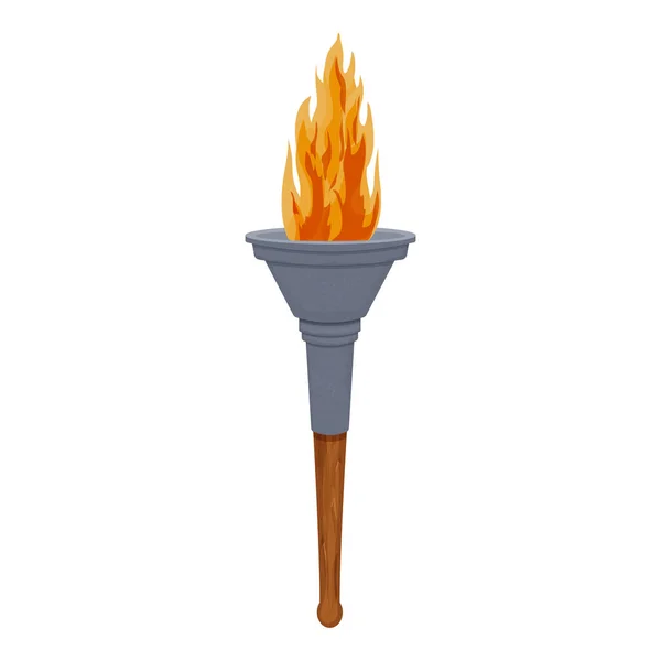 Torcia medievale bastone di legno e ferro con fiamma in stile cartone animato isolato su sfondo bianco. Lampada antica, simbolo del vincitore. ui attività di gioco. — Vettoriale Stock
