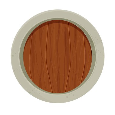 Tahta ve taş kalkan, beyaz arka planda izole edilmiş karikatür tarzında ortaçağ koruması. Comic ui varlığı, dekorasyon, klip sanatı