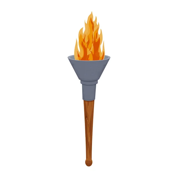 Medieval torch wooden stick and iron with flame in cartoon style isolated on white background. Antique lamp, winner symbol. ui game asset. — Stock Vector