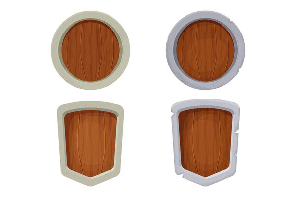 Деревянный и каменный щит, средневековая защита в стиле мультфильма изолированы на белом фоне. Комиксы, декорации, клип-арт