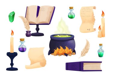 Büyücülük aletlerini sıvı iksirli sihirli şişeler, cadı kazanı, tüy kalemli parşömen tomarı, eski kitaplar, beyaz arka planda izole edilmiş çizgi film tarzında mumlar. simya varlığı