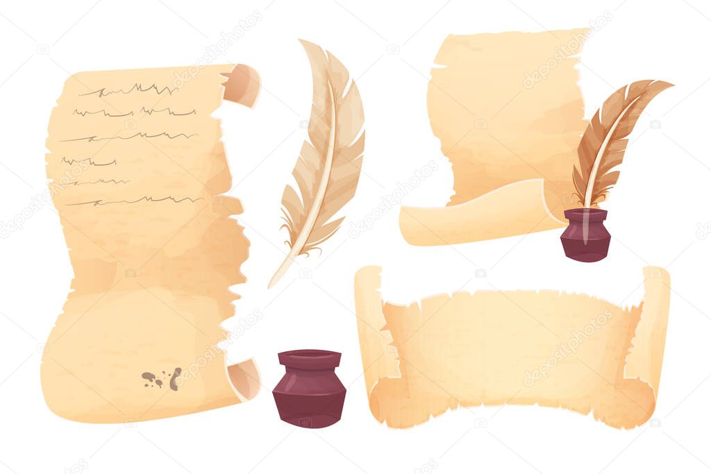 Set Old scroll of parchment, papyrus and feather pen in cartoon style isolated on white background. Empty frame, decoration, antique manuscript. 