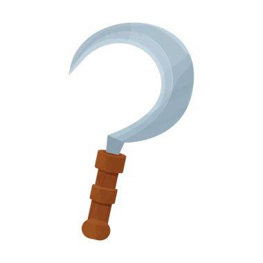 Çizgi film tarzında tahta ve metalden tırpan, beyaz arka planda izole edilmiş tarım ekipmanları. Fantezi sihirli alet. Ui oyun varlığı