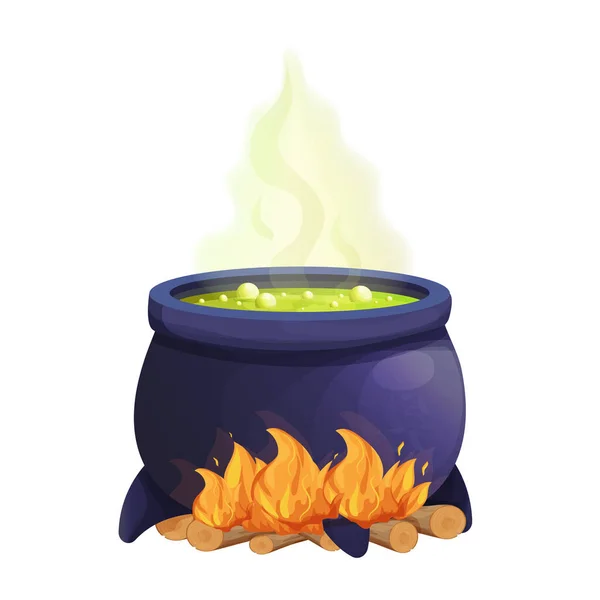 Straszny kocioł czarownicy z zieloną magiczną zupą, ogień w stylu kreskówki izolowane na białym tle. Aktywa Ui, gra laboratoryjna, obiekt rzemiosła — Wektor stockowy