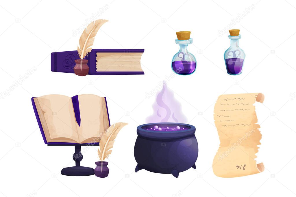 Set Witchcraft tools Magic Bottles with liquid potion, witch cauldron, parchment scroll with quill, old books, candles in cartoon style isolated on white background. alchemy asset