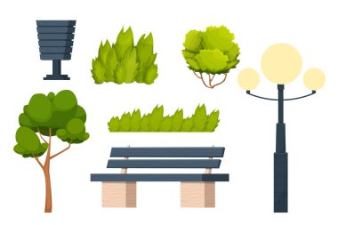 Şehir parkı elemanları, bank, çim, çalı ve ağaç, çöp tenekesi ve feneri beyaz arka planda izole edilmiş çizgi film tarzında ayarlayın. Açık hava sokak dekorasyonları, doğa unsurları. 