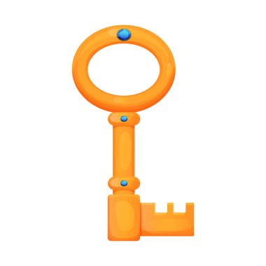 Altın anahtar, beyaz arka planda izole edilmiş karikatür tarzında antik kale aleti. Peri komedi oyunu varlığı. Parlak gizemli nesne. 