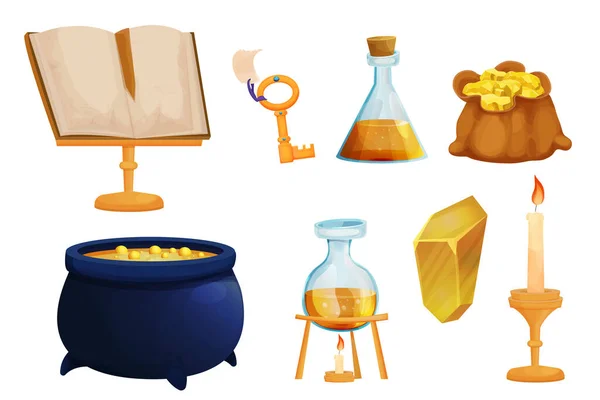 Set Zauberwerkzeuge Zauberflaschen mit Flüssigtrank, altes Buch, Goldschlüssel, Kessel und Tasche mit Schätzen im Cartoon-Stil isoliert auf weißem Hintergrund. Alchemie-Asset — Stockvektor