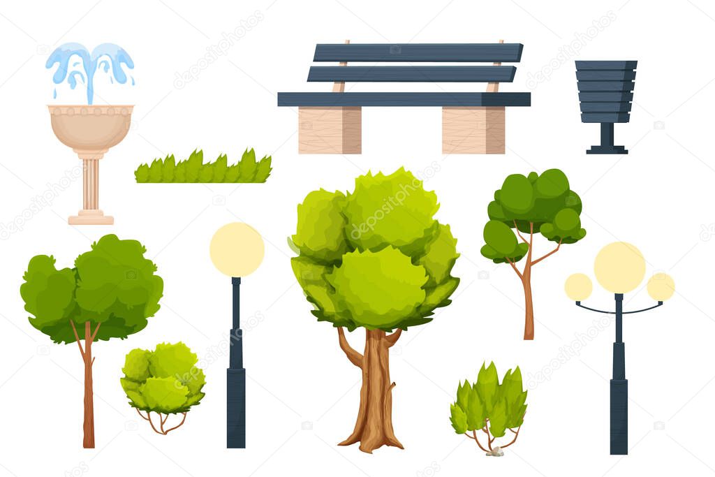 Set city park elements bench, grass, bush and tree, trash can, lamppost and fountain in cartoon style isolated on white background. Outdoor street decorations, nature elements. 