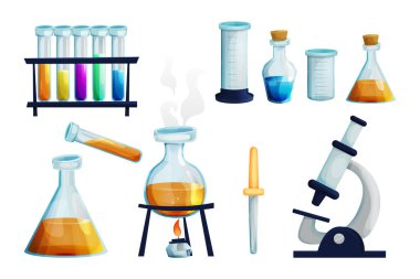 Ocaklı cam şişe, sıvı, deney tüpleri, beyaz arka planda karikatür tarzında cam damlatıcı kimyası araştırmaları olan laboratuvar seti. Simya, laboratuvar ekipmanları.. 