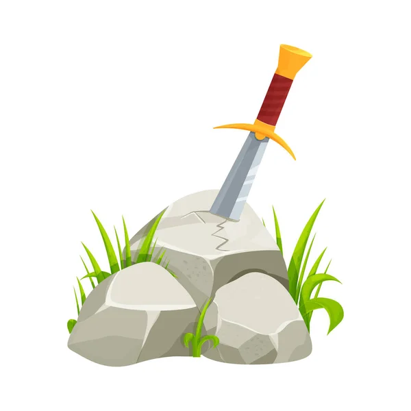 Sword in stone, medieval myth in cartoon style isolated on white background. Magical excalibur with gold details. Antique bravery tale. — Stock Vector