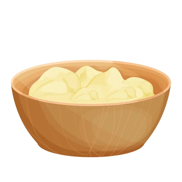 Ghee dans un bol en bois de beurre traditionnel indien en style dessin animé isolé sur fond blanc. Aliments biologiques, végétariens, ingrédients. — Image vectorielle