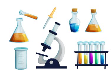 Ocaklı cam şişe, sıvı, deney tüpleri, beyaz arka planda karikatür tarzında cam damlatıcı kimyası araştırmaları olan laboratuvar seti. Simya, laboratuvar ekipmanları.. 