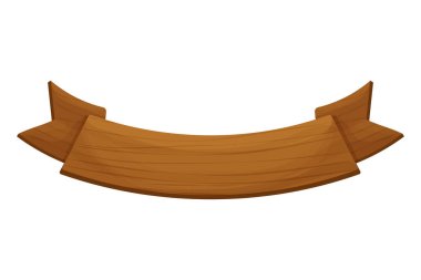 Ahşap bir pankart, beyaz arka planda izole edilmiş karikatür tarzı kurdele. Eski bir tahta parçası, tabela. Gui varlığı.