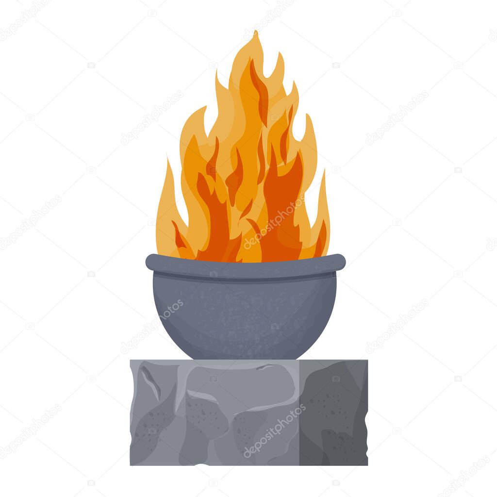 Fireplace, medieval castle torch on stone in cartoon style isolated on white background. Textured and detailed decoration, ancient flame. . Vector illustration
