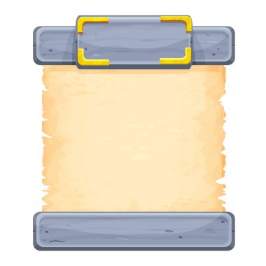 Beyaz arka planda karikatür tarzında taş ve parşömen çerçevesi var. Kadim boş süsleme. Ui oyun varlığı, menü tasarımı. Ortaçağ tabelası, boş. - Evet. Vektör illüstrasyonu