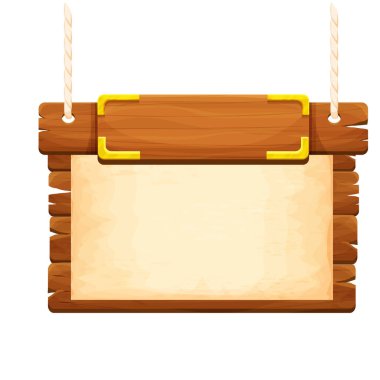 Ahşap çerçeve, altın rengi afiş, beyaz arka planda izole edilmiş eski parşömen ve çizgi film tarzında ip. Eski tabela. Ui oyun varlığı