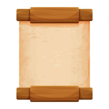 Beyaz arka planda karikatür tarzında parşömen kağıtlarıyla izole edilmiş tahta tahtalar. Çerçeve, ortaçağ paneli, menü. Boş gui varlığı, tabela.