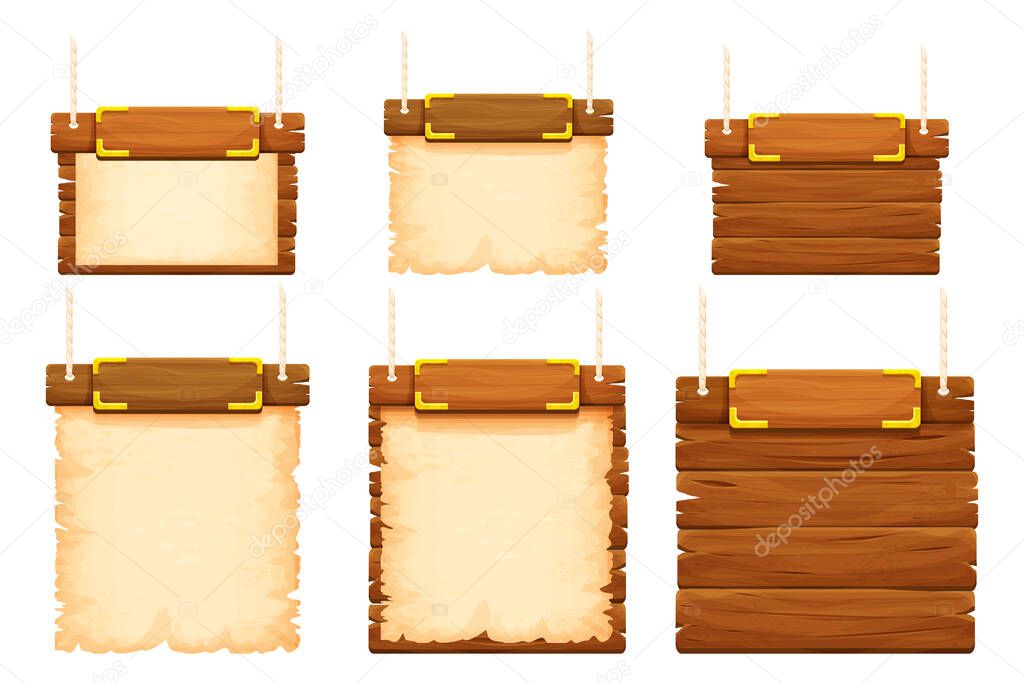 Set wood frames, banners with gold details, old parchment and rope in cartoon style isolated on white background. Collection ancient signboard. Ui game asset