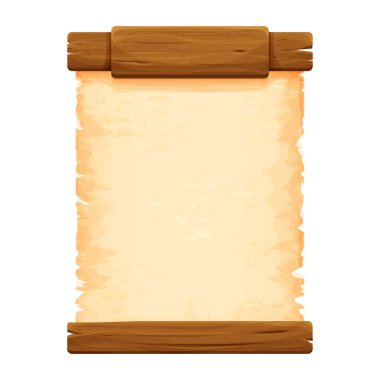 Beyaz arka planda karikatür tarzında parşömen kağıtlarıyla izole edilmiş tahta tahtalar. Çerçeve, ortaçağ paneli, menü. Boş gui varlığı, tabela.